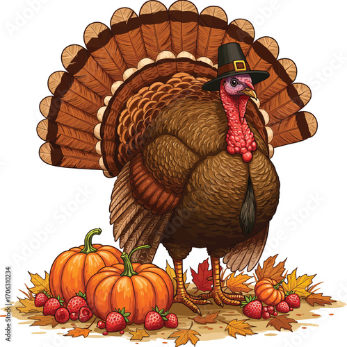 A cartoon turkey wearing a pilgrim hat isolated on white background