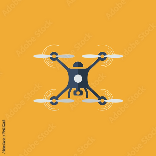 A quadcopter drone with spinning propellers on an orange background.