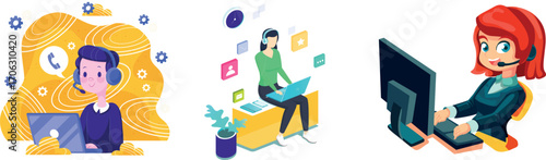 Call center customer support vector set with characters using AI communication tools and helpdesk technology