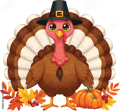 Cute cartoon turkey wearing a pilgrim hat isolated on white background