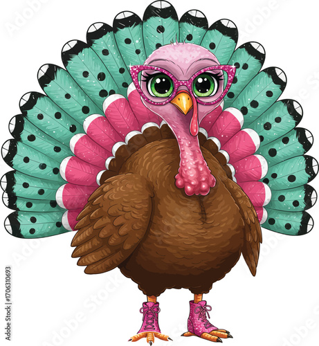 Cute cartoon turkey with glasses and boots isolated on white background