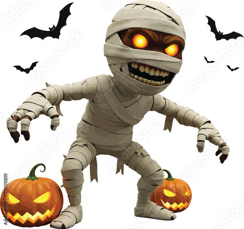 Halloween mummy with pumpkins and bats isolated on white background