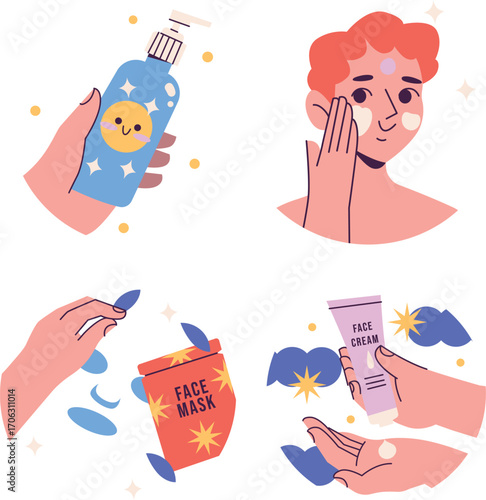 Hands holding hygiene and skincare products vector set with soap cream serum and cleansing tissues beauty concept