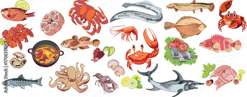 Fresh fish and seafood vector set with shrimp crab squid salmon and gourmet market ingredients illustration