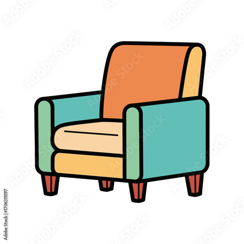 A colorful armchair with four wooden legs on a white background.