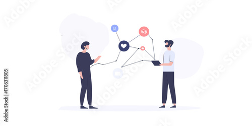 Two men interacting with interconnected digital icons representing social network communication, online connection, and business collaboration in flat minimalist style vector illustration