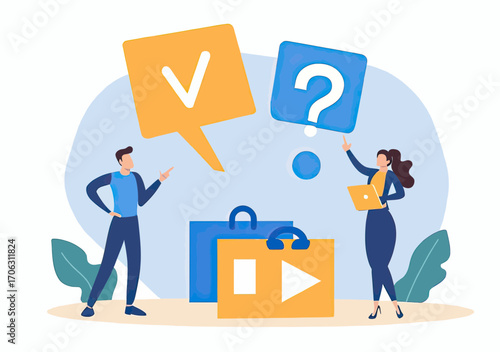 Business people discussing questions and answers with speech bubbles and multimedia icons in flat minimalist style vector illustration