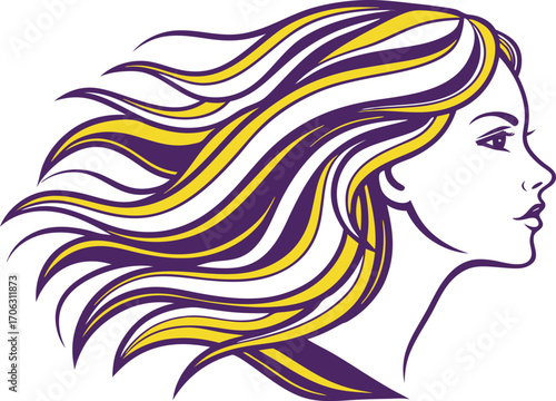 Vector art of stylized illustration of a womans profile with flowing purple and yellow hair