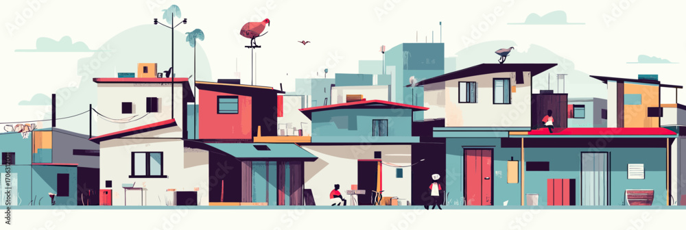 Obraz premium Colorful row of modest residential houses in urban low income neighborhood with rooftop antennas minimalist flat vector illustration
