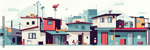 Colorful row of modest residential houses in urban low income neighborhood with rooftop antennas minimalist flat vector illustration