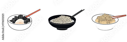 Set of three minimalist vector bowls of Asian noodles with chopsticks in different styles black bowl white bowl and ceramic bowl variety of noodle dishes vector illustration food icons
