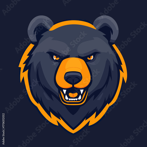 Aggressive dark gray bear head mascot logo with orange highlights and fierce expression for esports and sports team branding illustration vector