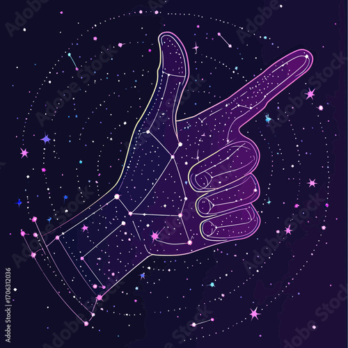 Cosmic constellation hand shaped like finger gun gesture with stars and galaxy background in futuristic space design vector illustration