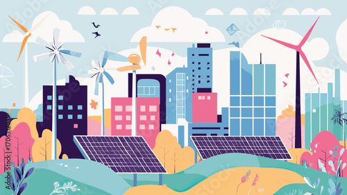 Sustainable urban landscape with modern city skyline, solar panels in foreground, multiple wind turbines, colorful trees, and clear blue sky in flat vector style illustration