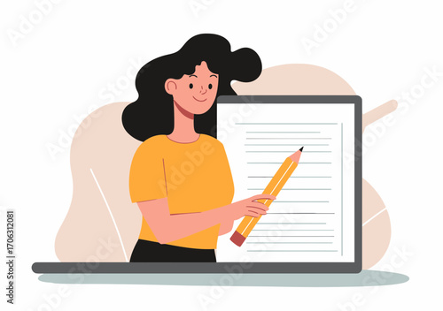 Smiling woman holding large pencil pointing at blank lined paper page concept for writing content article or blogging in flat vector style