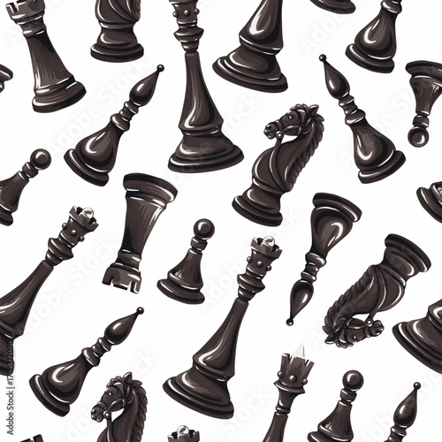 Seamless Chess Pieces Vector Pattern Featuring Classic Black and White King Queen Rook Knights