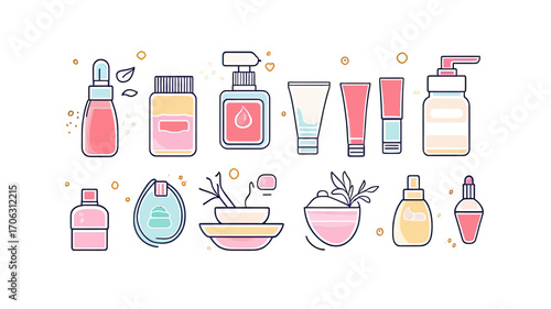 Collection of various cosmetic containers and bottles with beauty products including serums, creams, lotions, tubes, droppers, jars, and soap bars in flat minimalist vector style illustration