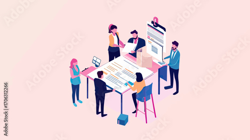 Business team collaborating on digital contract agreement signing and document review with laptop and tablet in modern office illustration