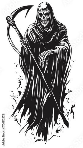 Black and white grim reaper illustration holding scythe with skeleton face and tattered cloak in minimalist flat vector style for Halloween or spooky themes