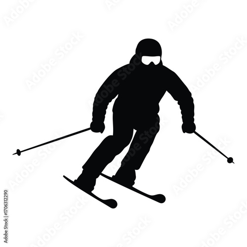 Silhouette of a skier in action on snowy slopes with poles and skis silhouette