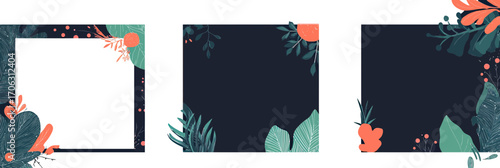 Set of three editable square business web banner templates with tropical dark leaves and orange floral accents minimal flat design vector background for social media marketing and posts