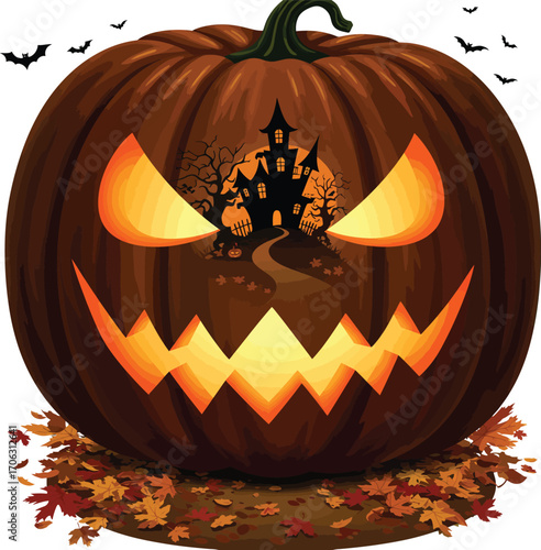 Halloween pumpkin with scary face and haunted house isolated on white background