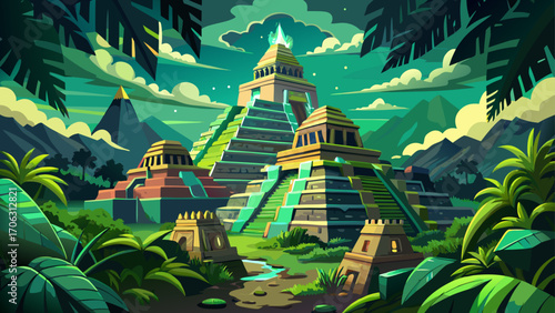 Palenque, Mexico, Mayan ruins emerge from emerald jungle, intricate temples and carved stone panels glowing under a sky streaked with tropical clouds.