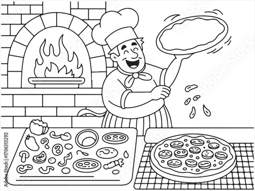 Happy baker tossing dough with wood oven background cartoon artwork