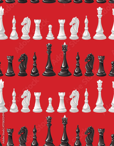Seamless Chess Pieces Vector Pattern Featuring Classic Black and White King Queen Rook Knights