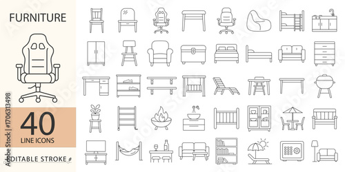 A furniture icon set in minimalist style with editable stroke. Chairs, tables, sofas, beds, cabinets, shelves, outdoor elements, modern interior, home decor, living design, household furniture.