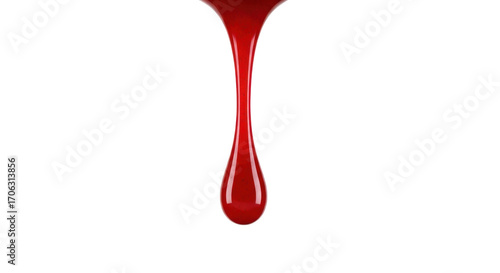 Ultra-realistic, single drop of vibrant red, thick, viscous blood with glossy sheen and fine textures, captured mid-drip against a transparent studio background. Concept of danger and horror