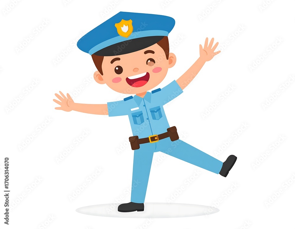 Fototapeta premium Cartoon boy police officer, happy and playful