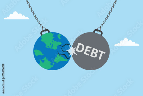 Vector illustration of a dumbbell labeled 'debt' colliding with a globe, symbolizing the heavy burden of debt on the world economy
