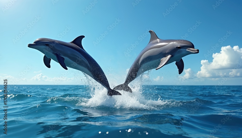 Obraz premium Two dolphins leap joyfully from ocean on bright sunny day, splashing water. Marine mammals showcase playful energy, graceful movement against clear blue sky with fluffy clouds. Image evokes freedom,