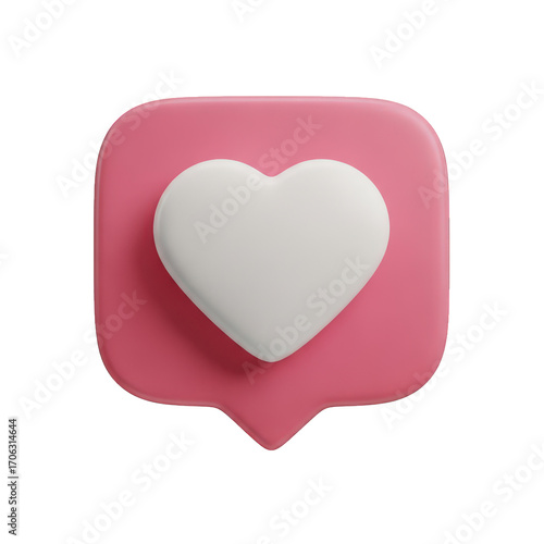 Eye-Catching 3D Render of a Pink Social Media Notification Icon with a White Heart, Perfect for Representing Likes, Engagement, and Online Interaction on Transparent Backdrop