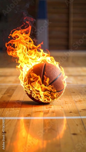 Basketball ablaze on a wooden floor
