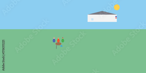 Flat Editorial Vector of American Family Planting Tree in Suburban Yard – Eco-Friendly Lifestyle and Community Scene Illustration
