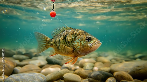 A bluegill sunfish viewed through clear water in a pond lined with pebbles. 