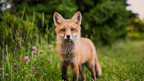 A fox standing in a field of green grass and clover, looking directly at the camera.