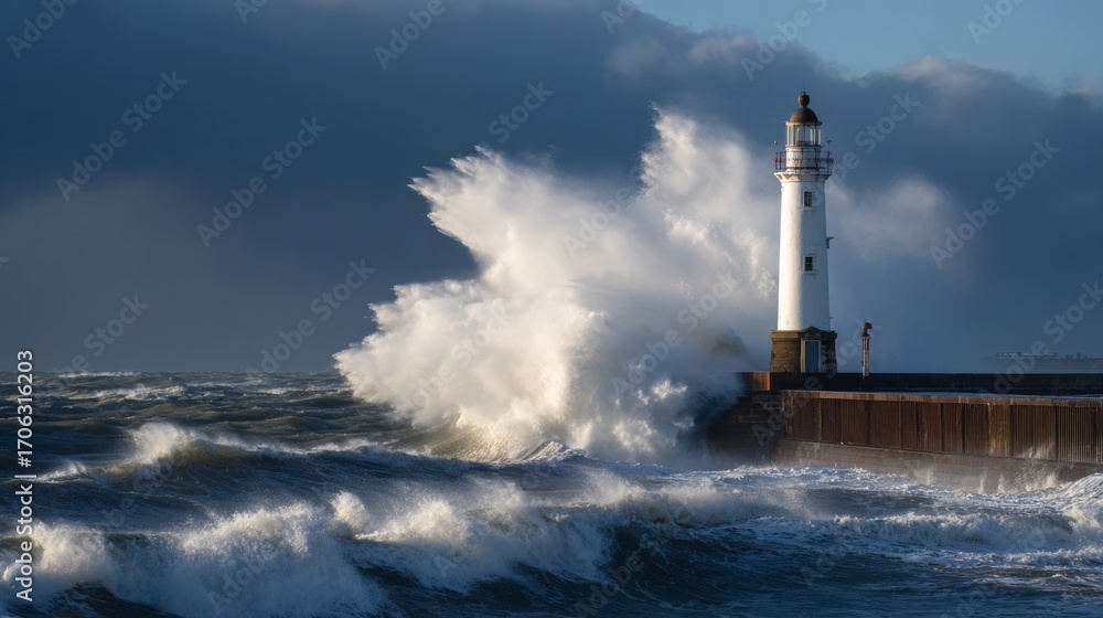 Obraz premium Gigantic waves crashing against lighthouse during stormy weather