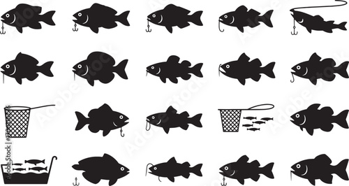 Black fish silhouettes with fishing hooks nets and buckets fishing nets fish buckets