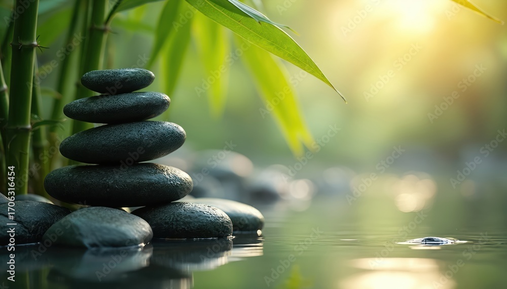 Obraz premium Stack of smooth stones balanced near bamboo stalks with tranquil water, soft sunlight. Offers calming natural backdrop for product placement, spa, wellness themes. Evokes harmony, relaxation.