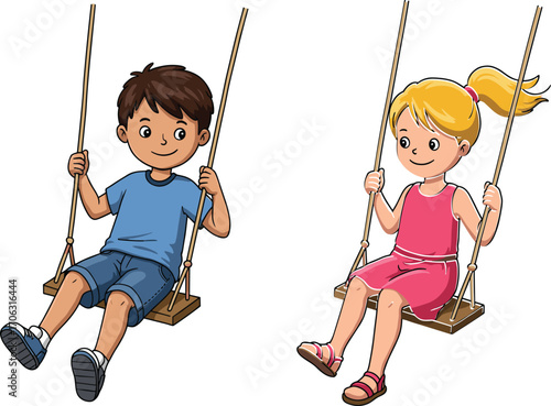 Children swinging on playground swings, happy kids enjoying outdoor activity, summer fun, childhood moment, vector illustration for stock content