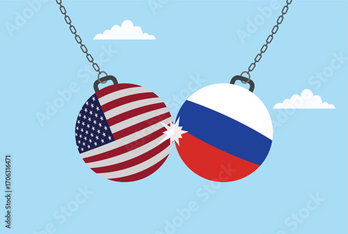 Vector illustration of two dumbbells colliding, one with the united states flag and the other with the russian flag, representing rivalry and competition
