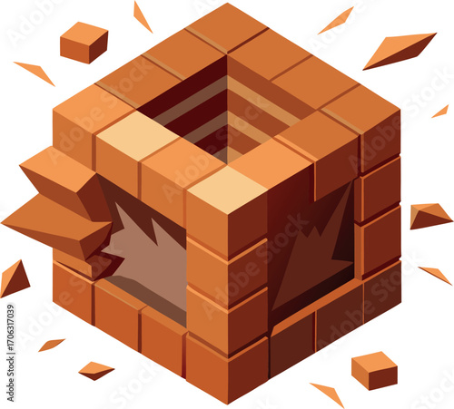 Abstract Isometric Cube Structure Breaking Apart With Jagged Edges Scattered