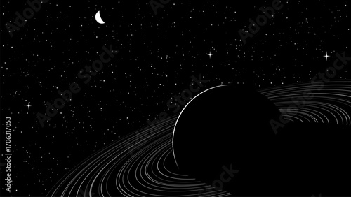 Black planet with rings, crescent moon, and stars. Space vector background. Minimalist cosmos illustration for web design, wallpaper.