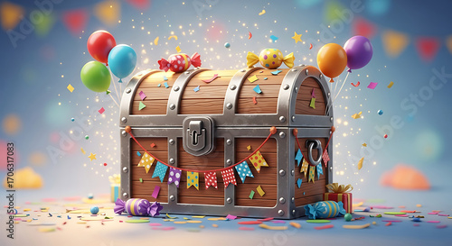 Children day a whimsical treasure chest overflowing with joy, surrounded by colorful balloons, confetti, and festive decorations, creating a magical celebration atmosphere