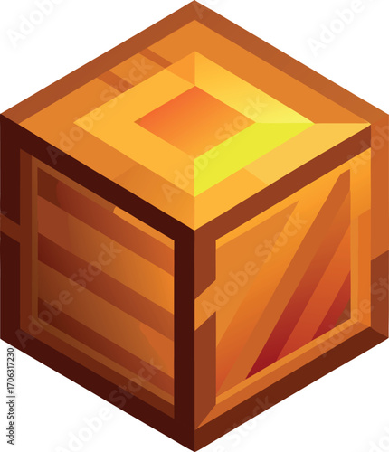 Detailed Wooden Crate Isometric View With Golden Highlights And Reflections