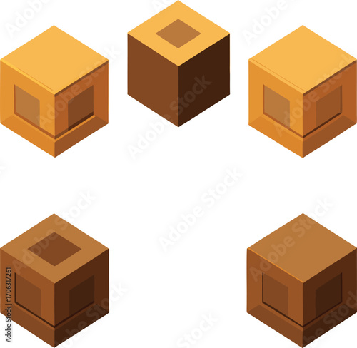 Isometric Wooden Cubes with Textured Insets for Game Assets and Design Elements