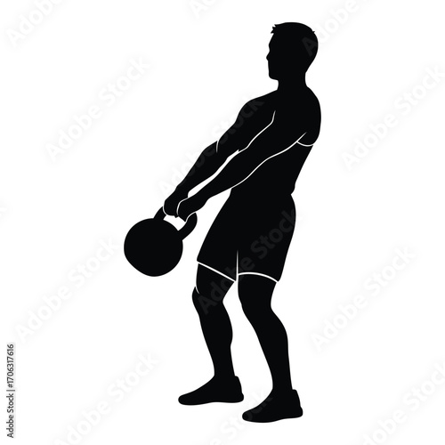 Silhouette of a man performing a kettlebell swing exercise for strength training silhouette